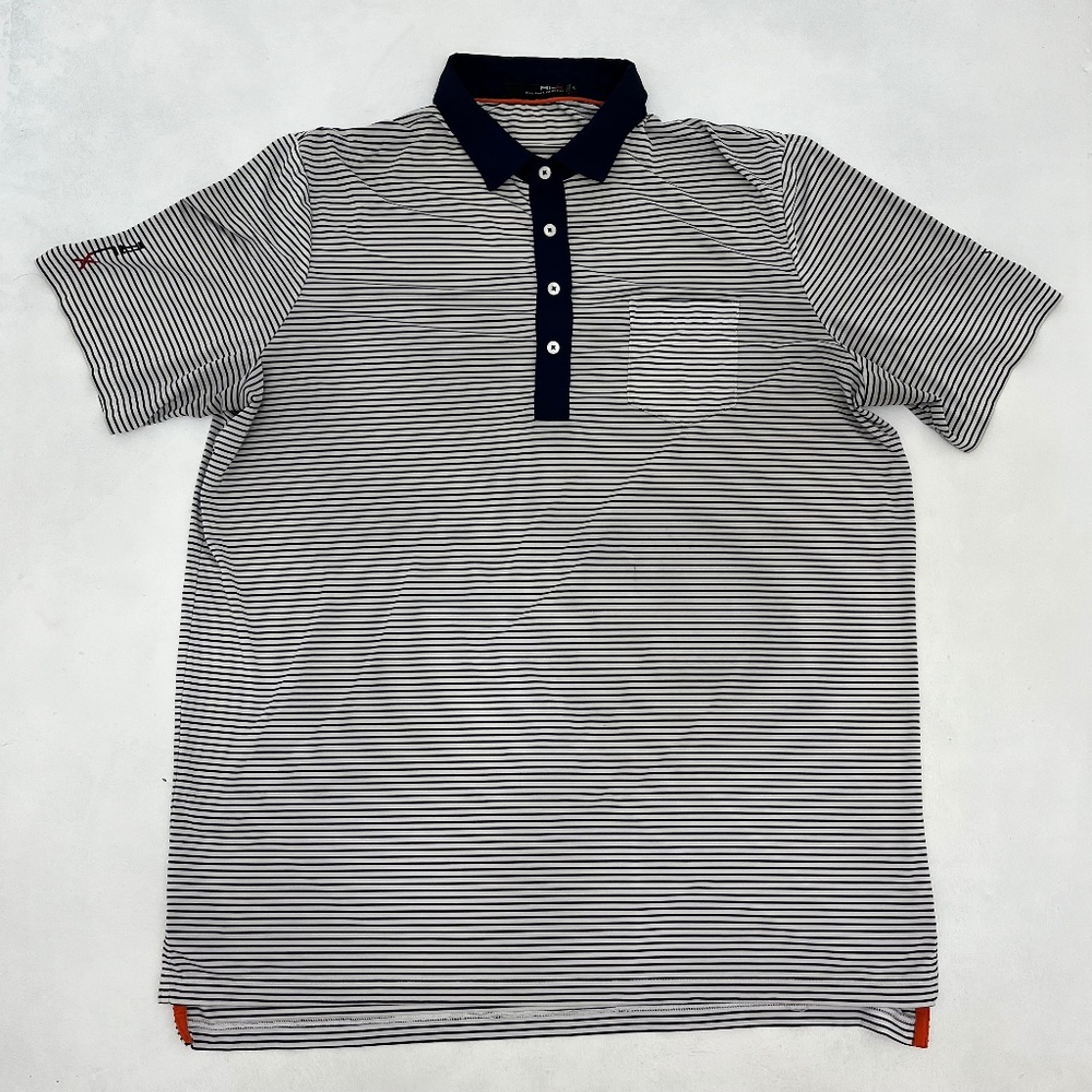 RLX‎ Ralph Lauren Men’s XL Polo Shirt Blue White Stripe Performance Golf Tennis